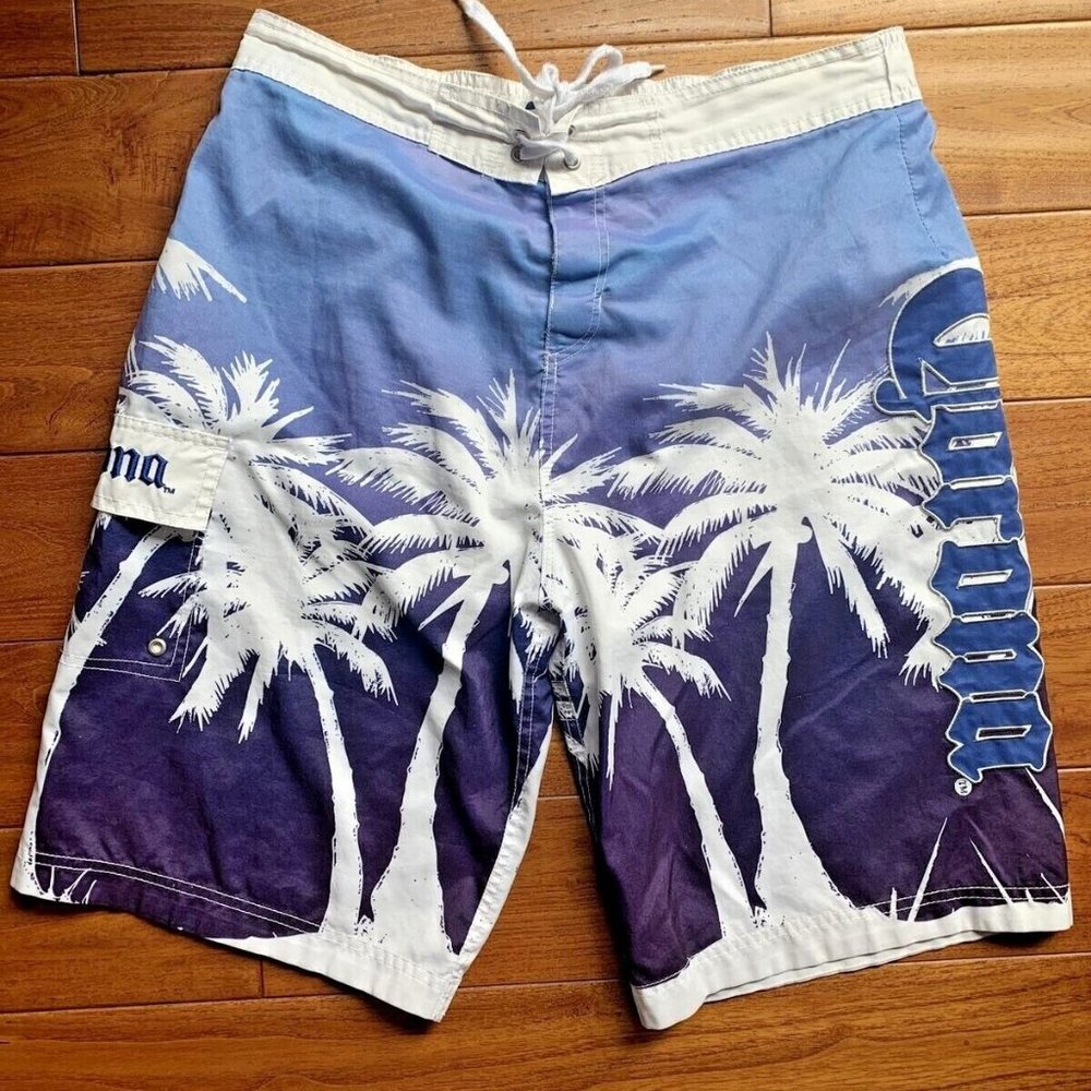 Corona Logo Board Shorts Men's Large Swim Trunks Blue Beach Palm Trees